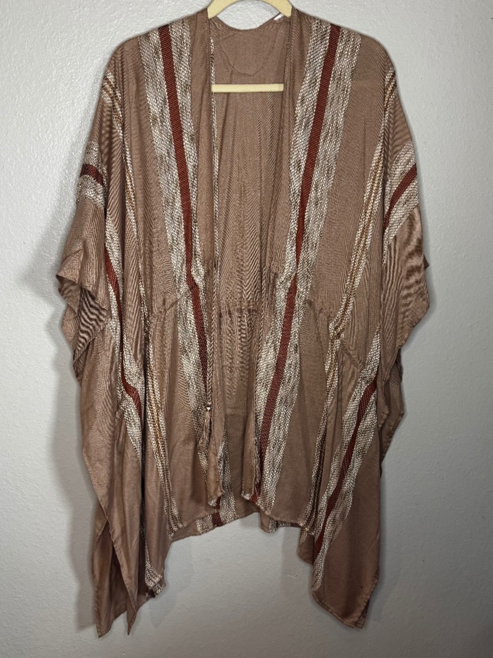 Striped Tan Brown and White Throw Poncho with Tassels